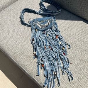 BoHo/hippie chic Jean festival bag with fringe. Handmade, one of a kind